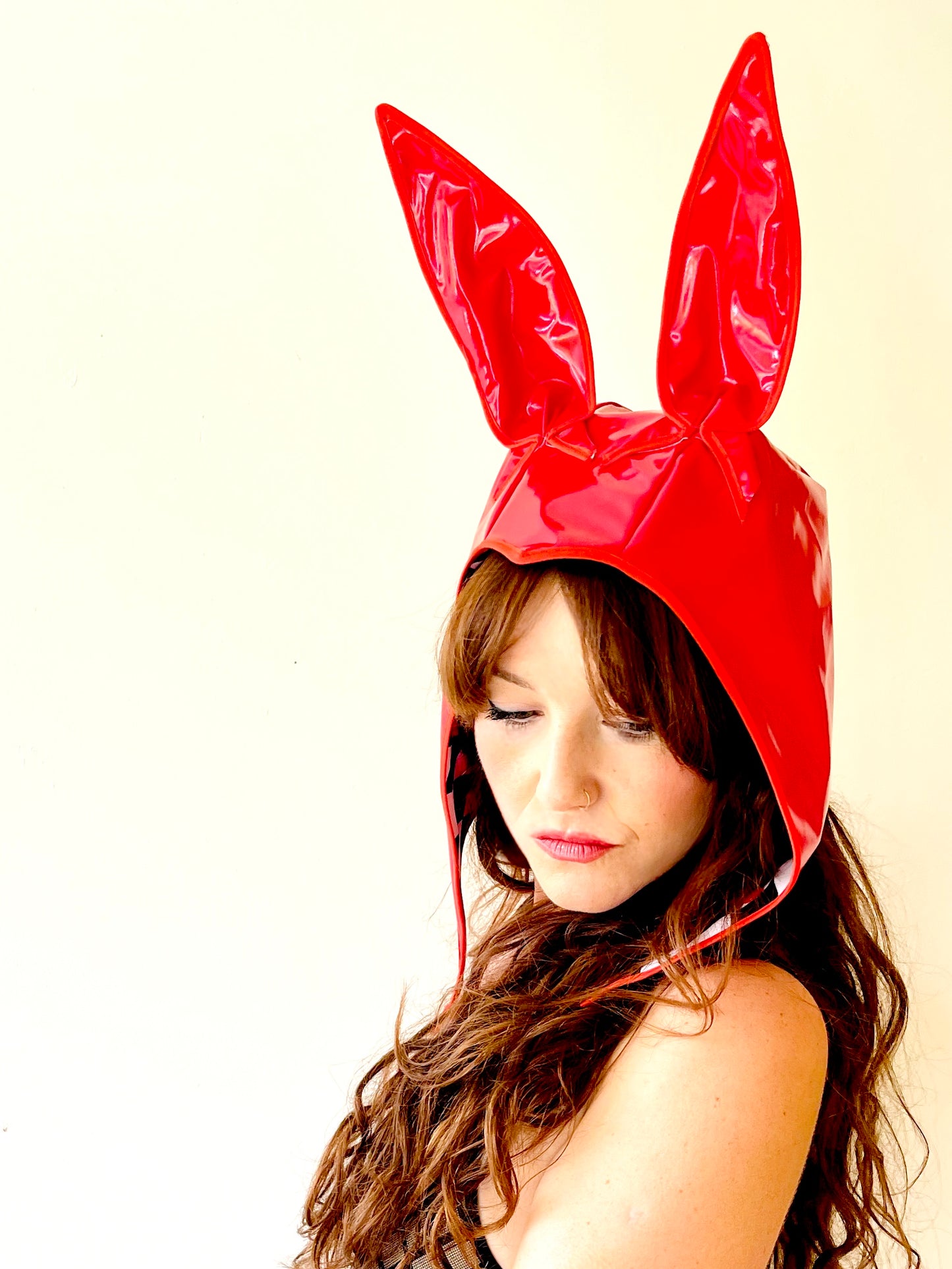 ANIMORPH Bunny Hood: Red/monochrome harlequin lining; waterproof