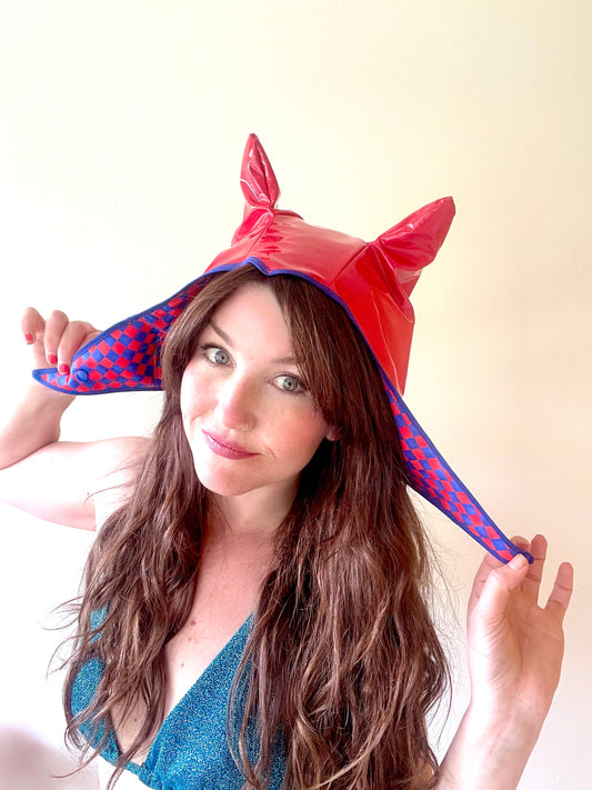 ANIMORPH Hood: Red & blue mini-check (reversible; waterproof)