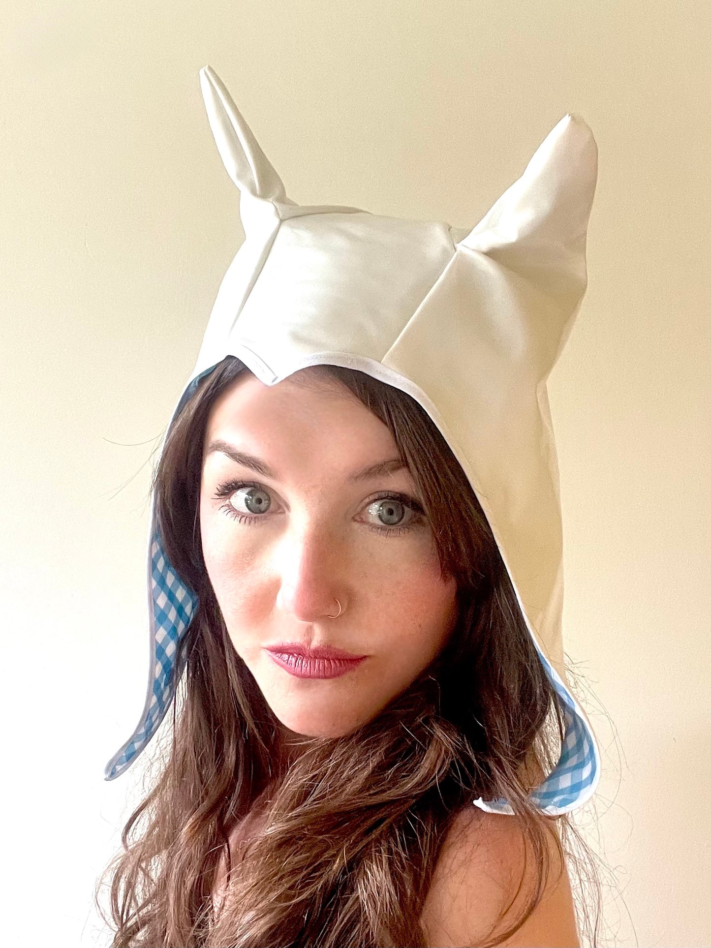 ANIMORPH Hood: turquoise gingham & white PVC (reversible; waterproof)