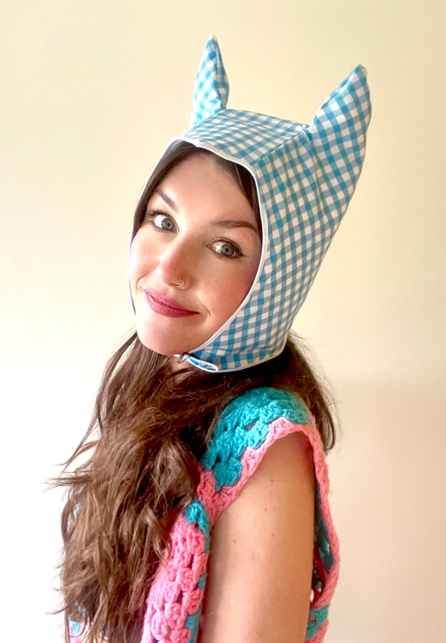 ANIMORPH Hood: turquoise gingham & white PVC (reversible; waterproof)