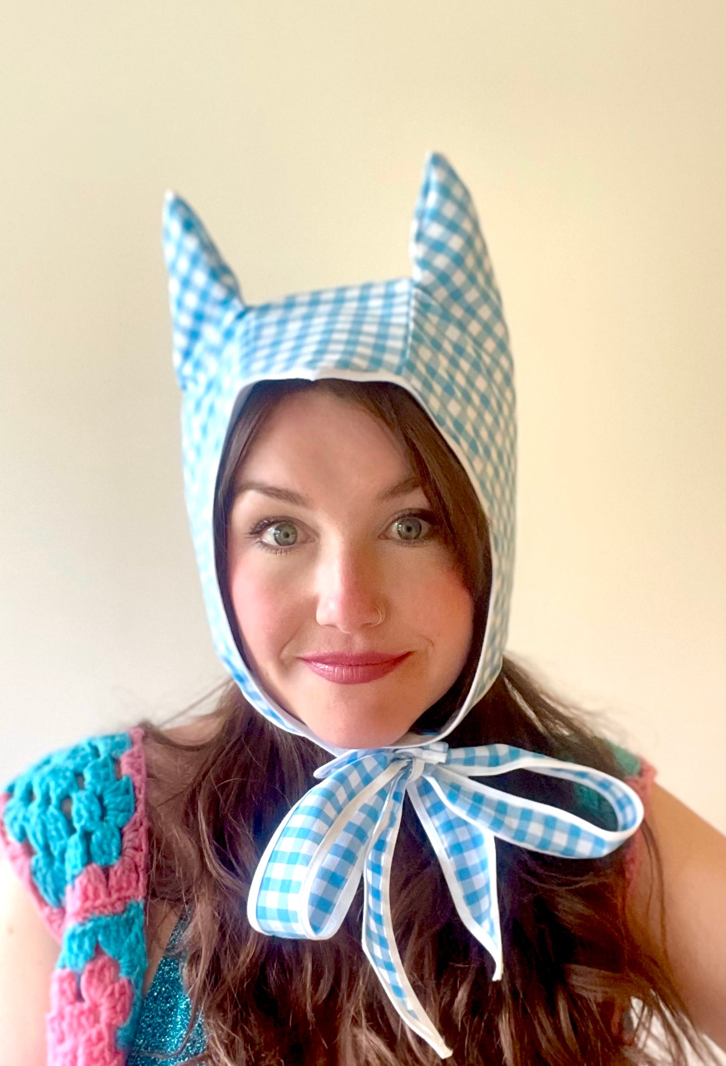ANIMORPH Hood: turquoise gingham & white PVC (reversible; waterproof)