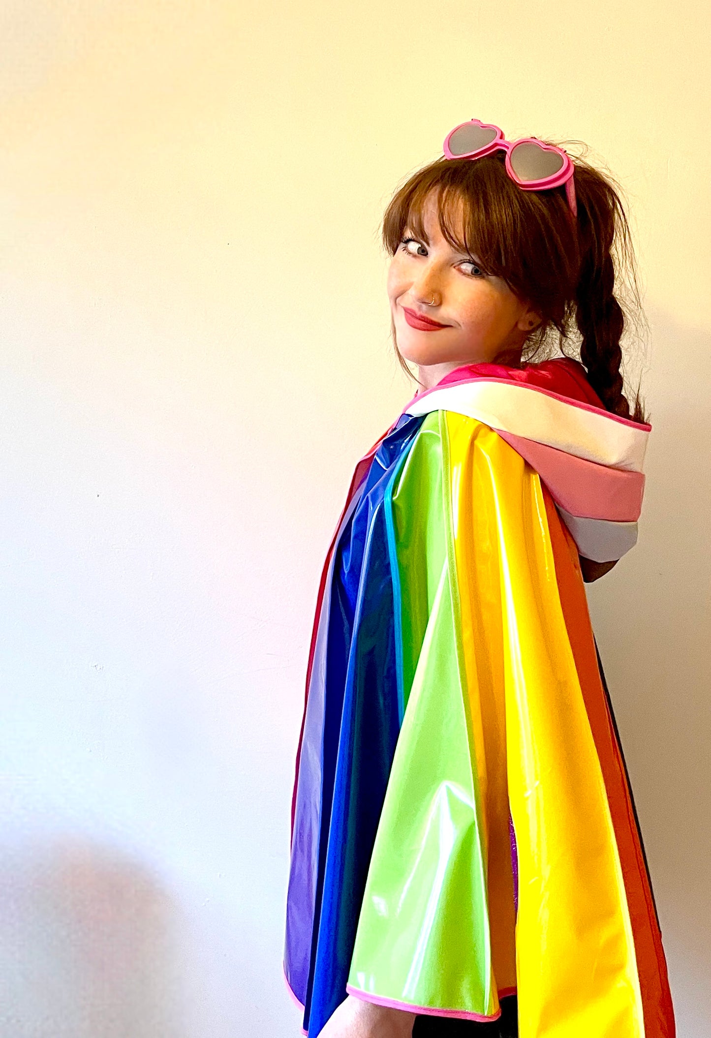 PRIDE cape: water-resistant cape. Feat. progress pride flag colours and intersex symbol.