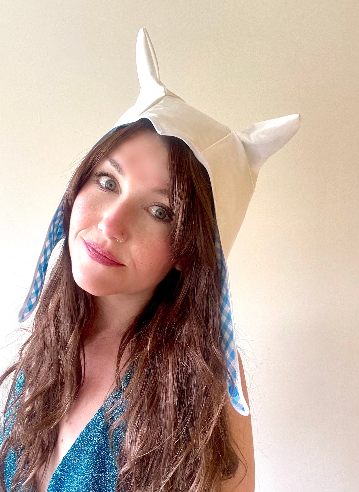 ANIMORPH Hood: turquoise gingham & white PVC (reversible; waterproof)