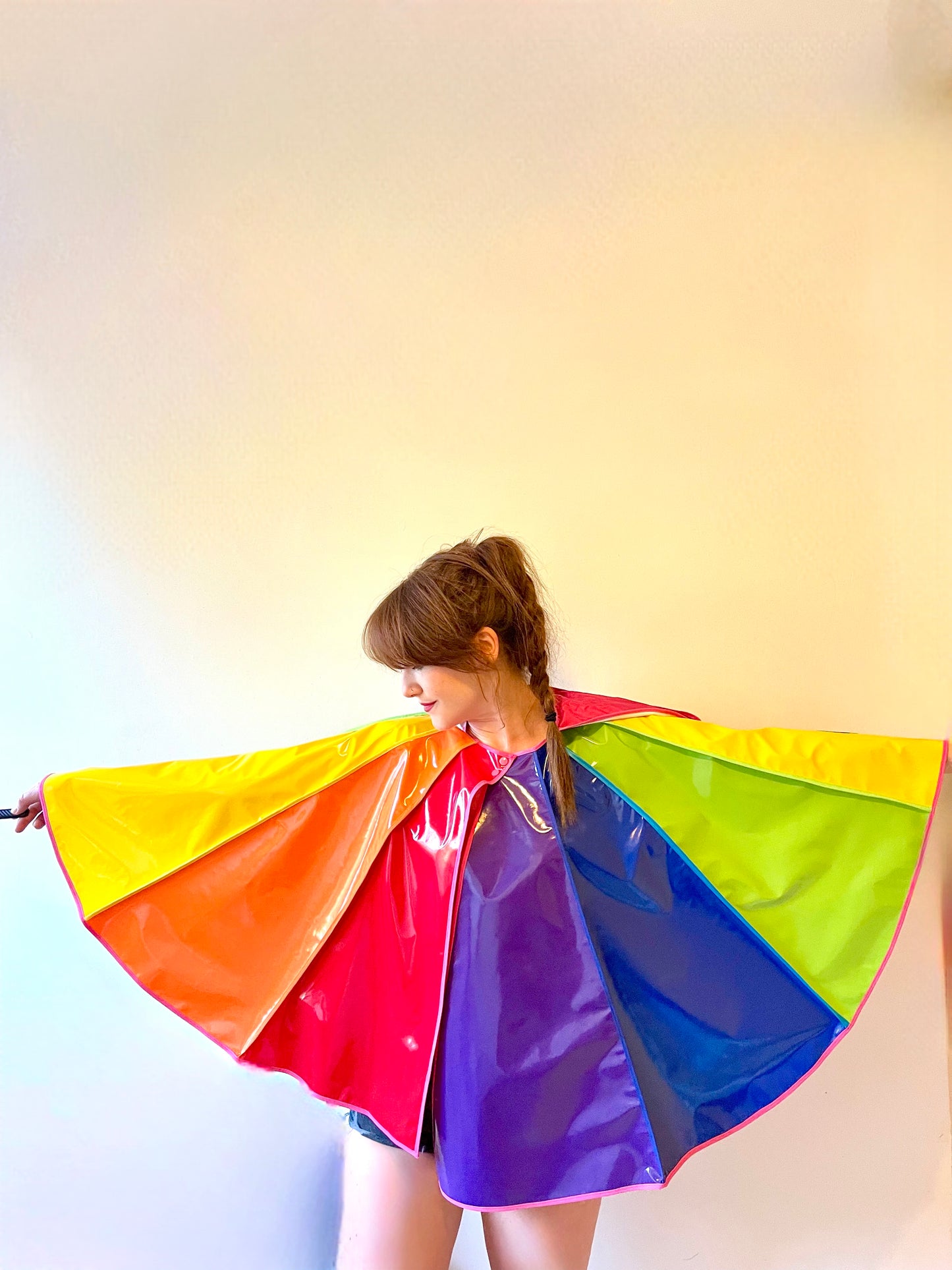PRIDE cape: water-resistant cape. Feat. progress pride flag colours and intersex symbol.