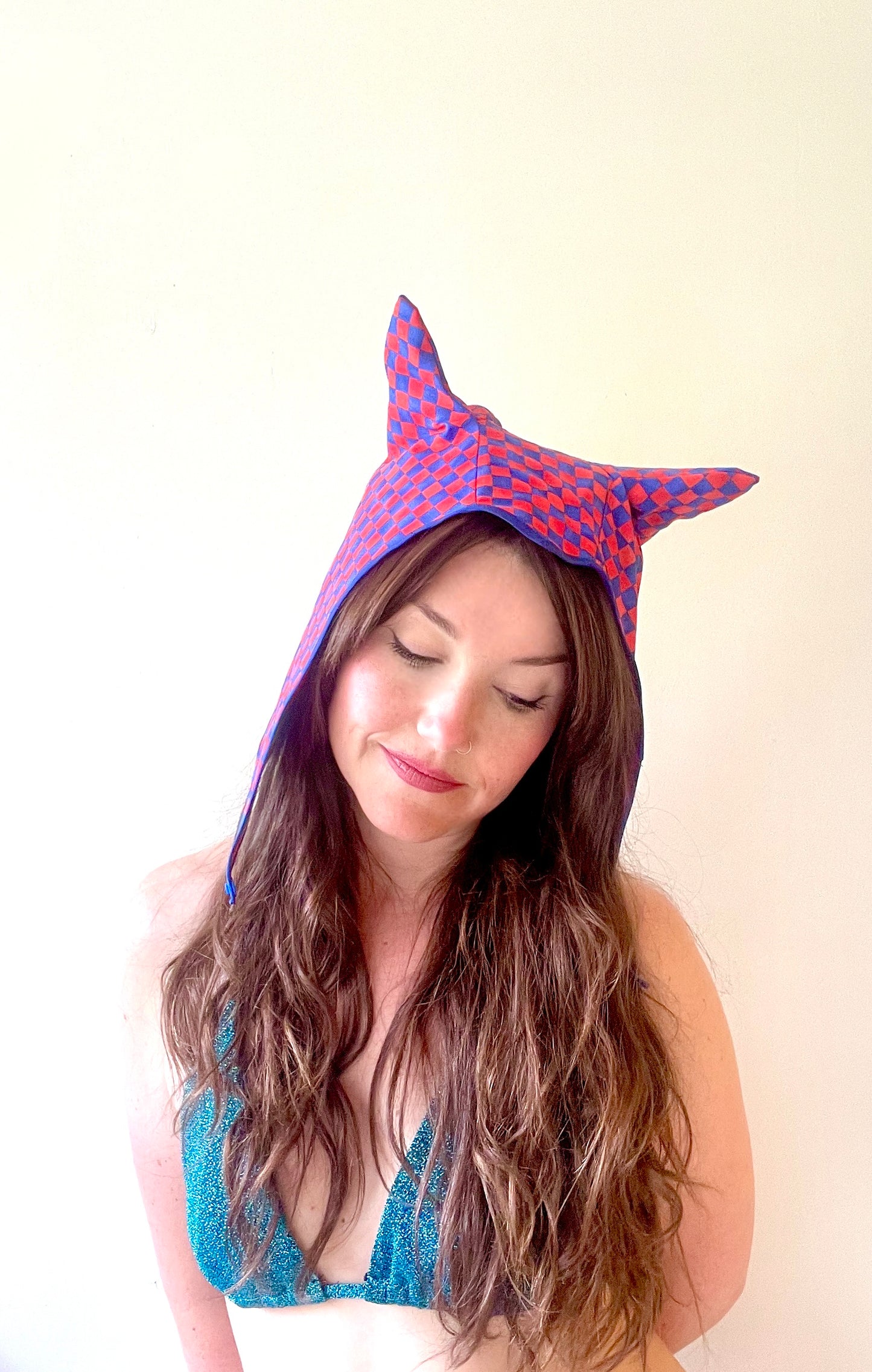 ANIMORPH Hood: Red & blue mini-check (reversible; waterproof)