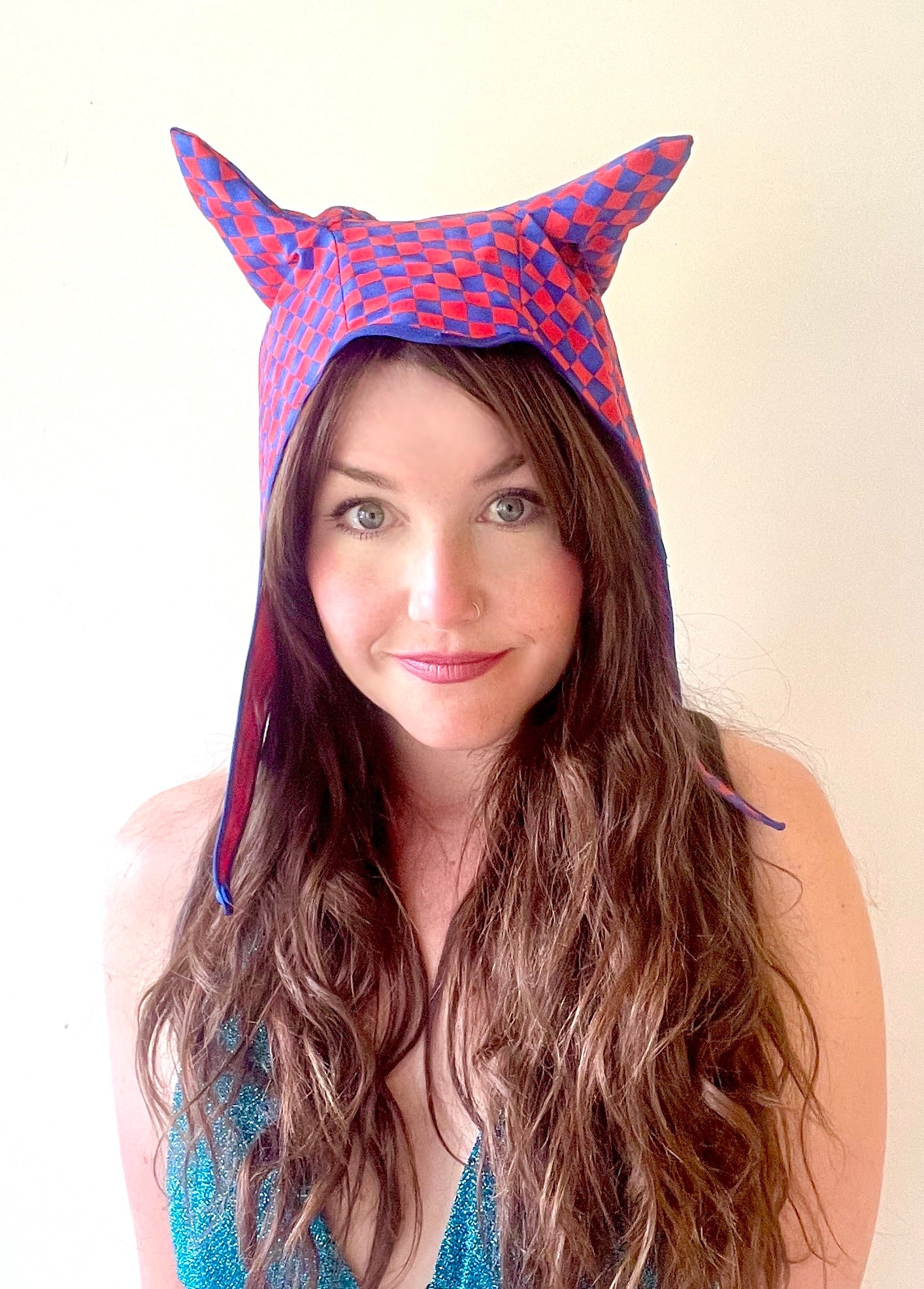 ANIMORPH Hood: Red & blue mini-check (reversible; waterproof)