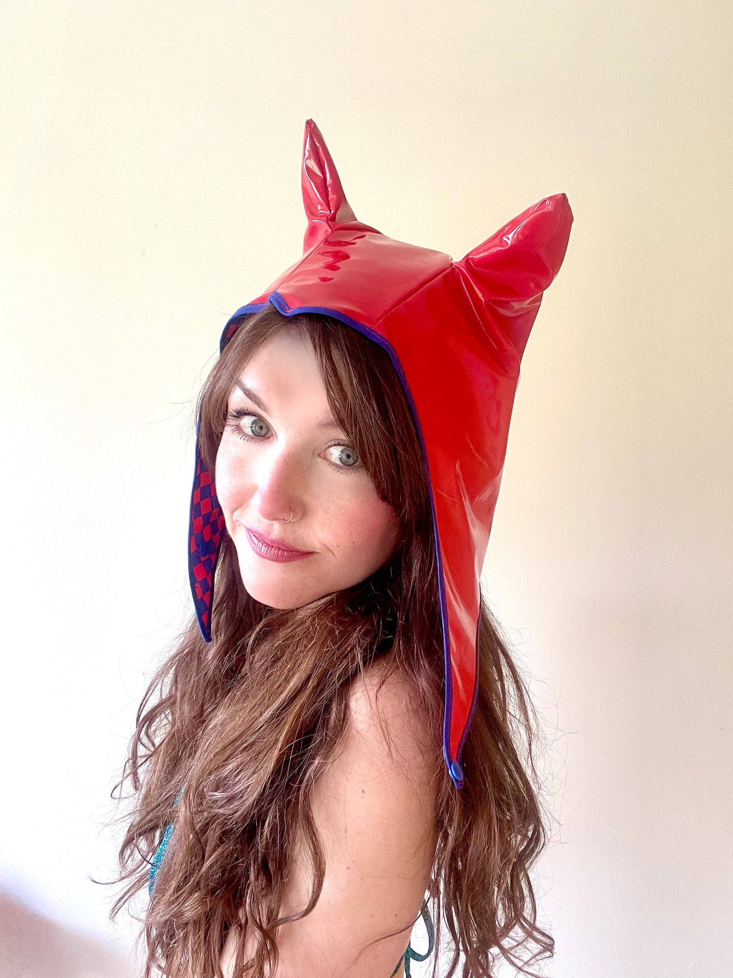 ANIMORPH Hood: Red & blue mini-check (reversible; waterproof)