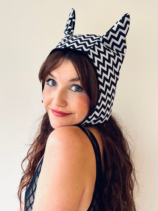 ANIMORPH Hood: Black/ monochrome chevron print (reversible; waterproof)