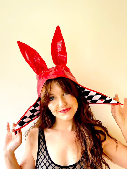 ANIMORPH Bunny Hood: Red/monochrome harlequin lining; waterproof