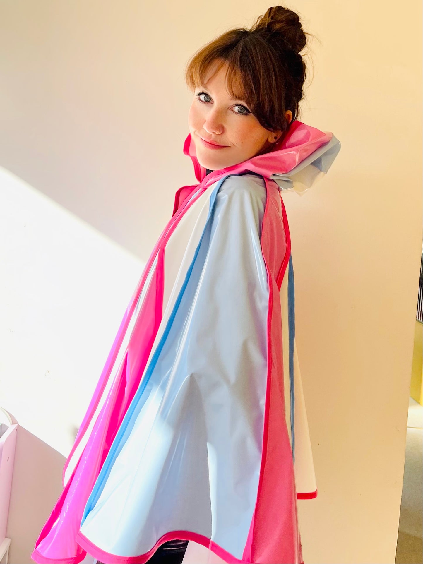 Mid length Blue, pink and white CYCLONE cape