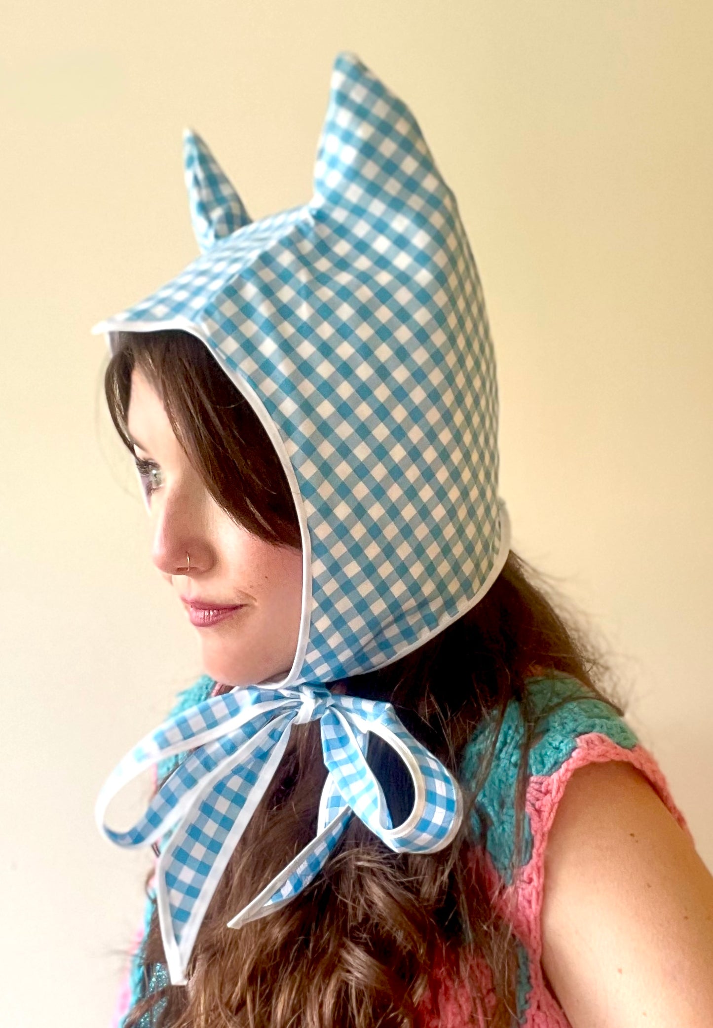 ANIMORPH Hood: turquoise gingham & white PVC (reversible; waterproof)