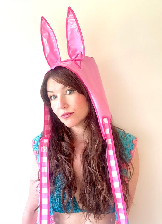 ANIMORPH Bunny Hood: pink/gingham waterproof;detachable ties