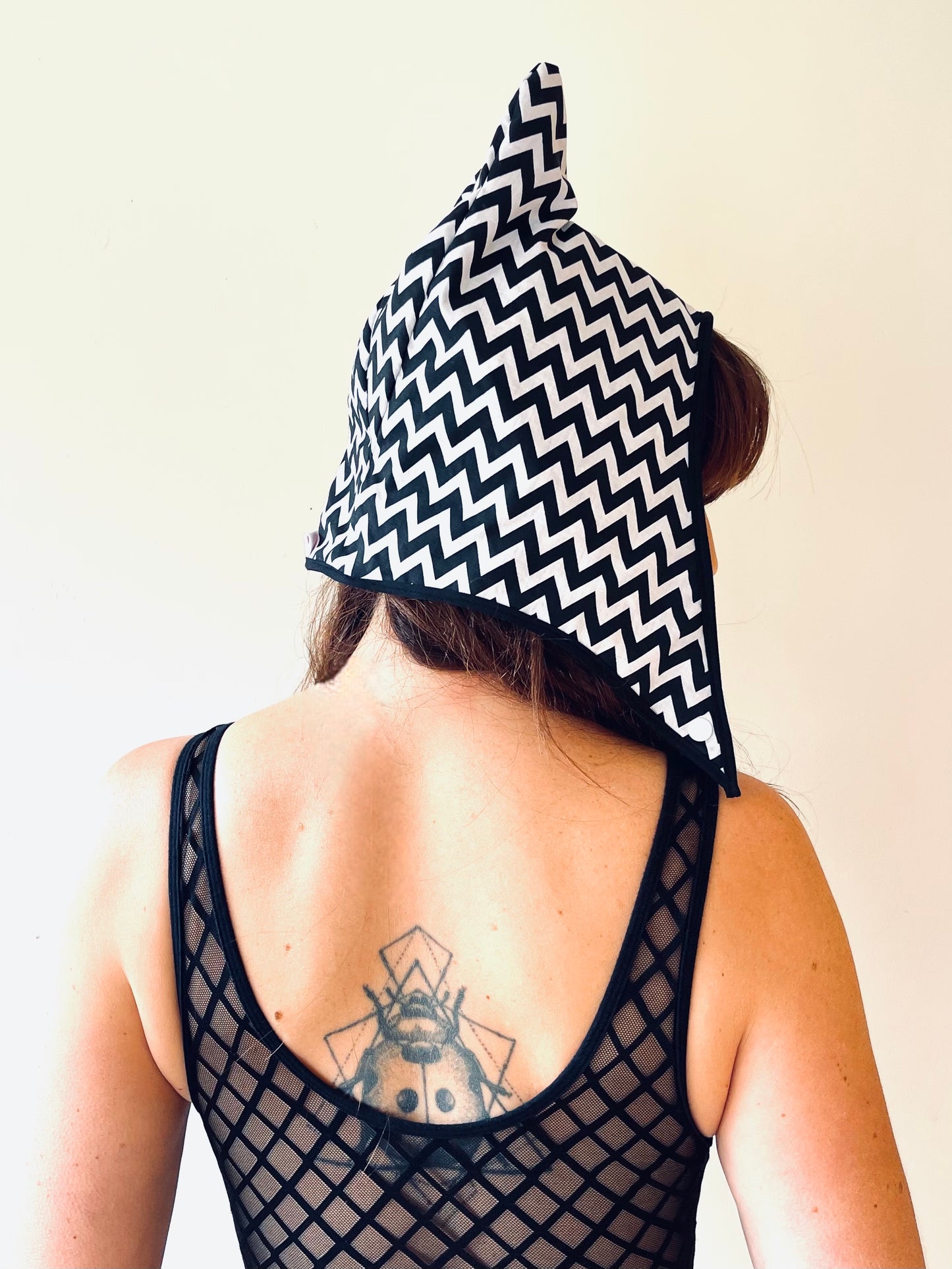 ANIMORPH Hood: Black/ monochrome chevron print (reversible; waterproof)