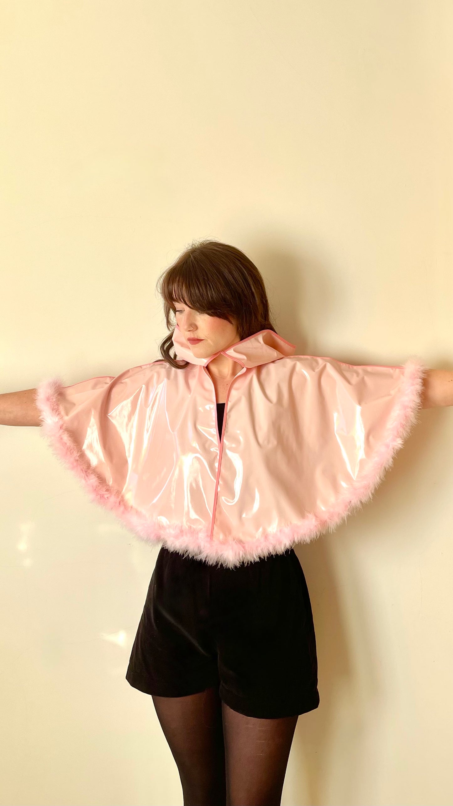 Blush pink full circle CYCLONE cape with feather trim