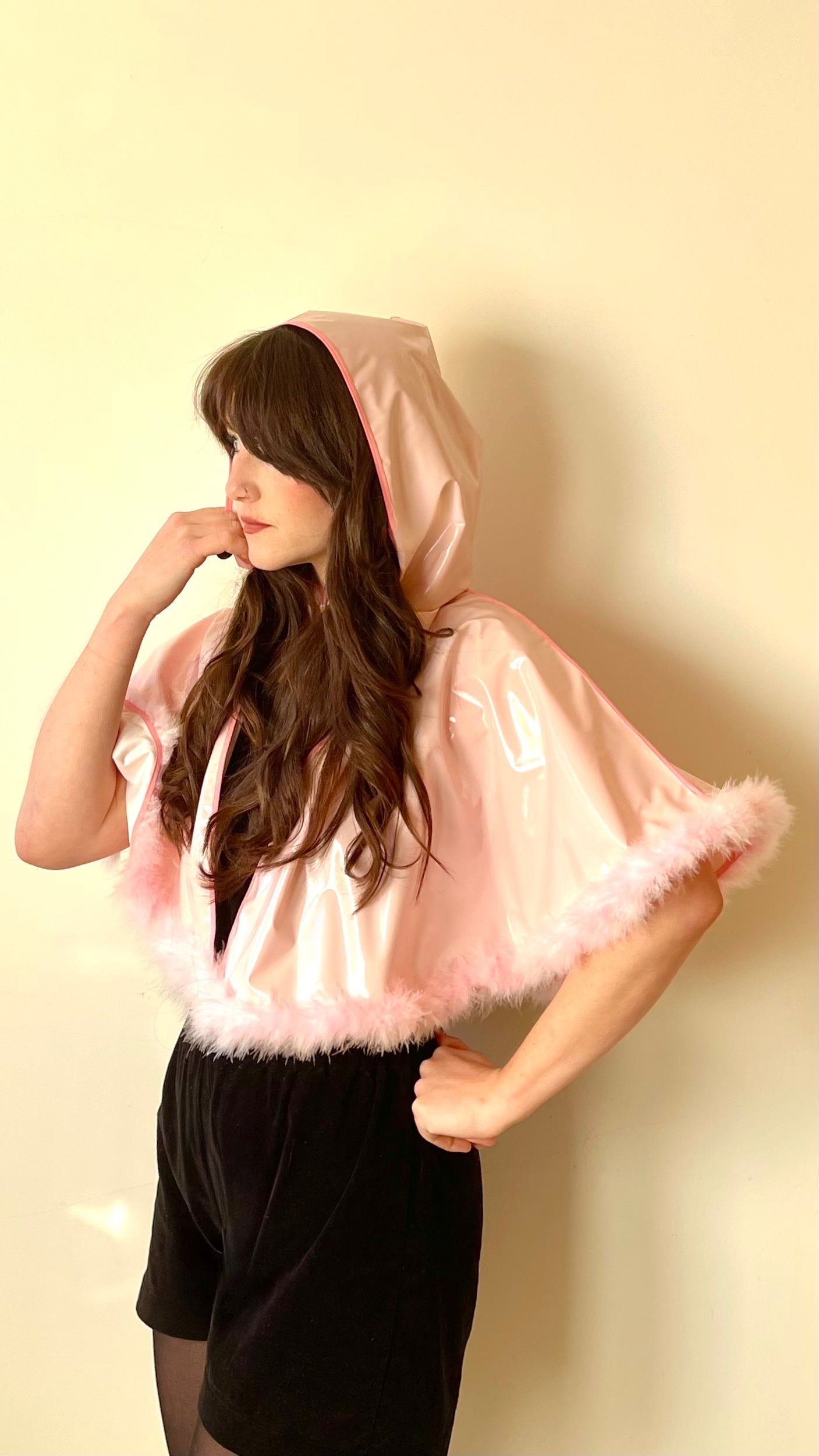 Blush pink full circle CYCLONE cape with feather trim
