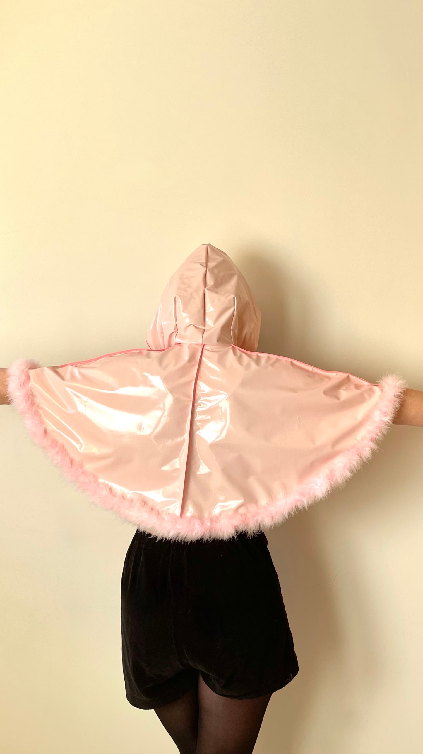 Blush pink full circle CYCLONE cape with feather trim