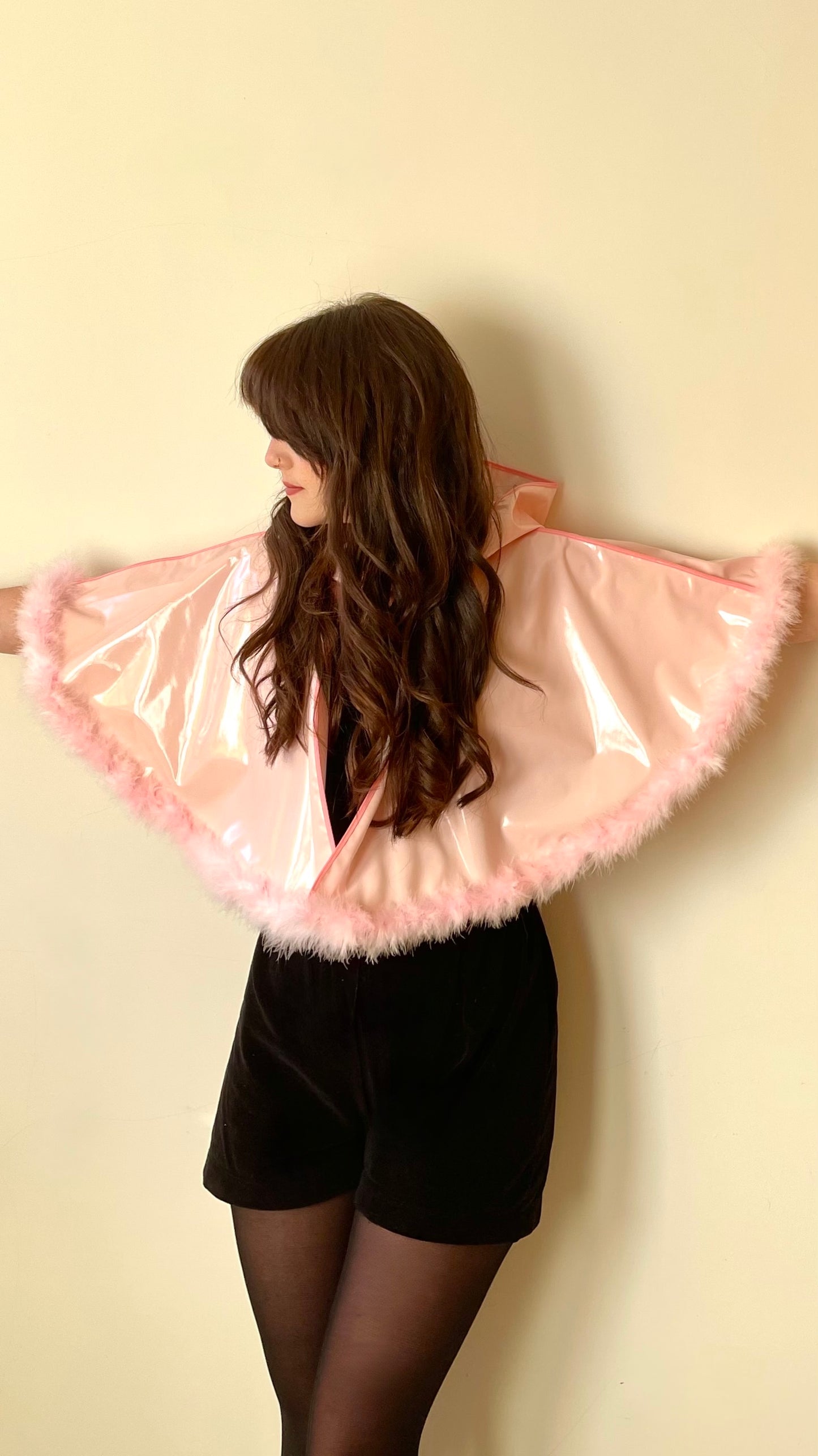Blush pink full circle CYCLONE cape with feather trim