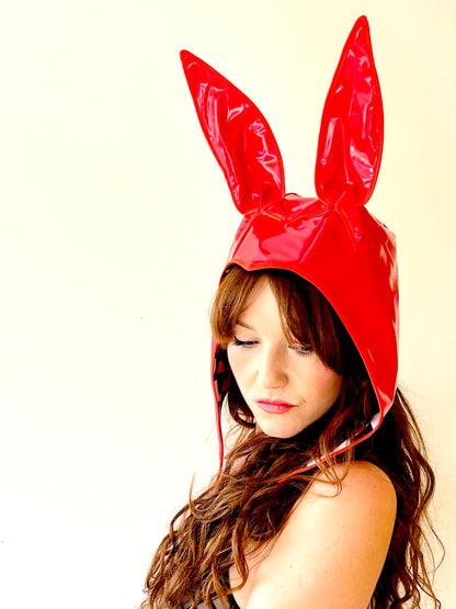 ANIMORPH Bunny Hood: Red/monochrome harlequin lining; waterproof