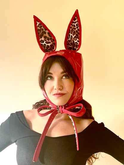 ANIMORPH Bunny Hood: Red/ Leopard print lining; reversible