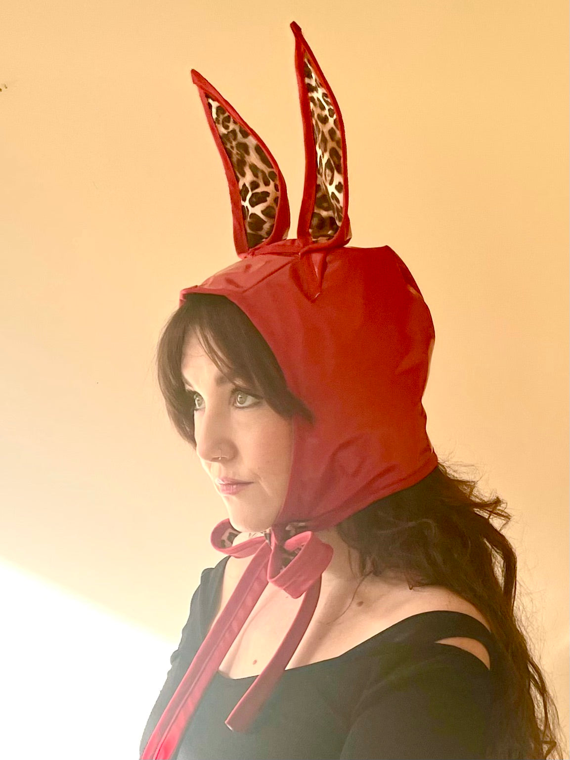 ANIMORPH Bunny Hood: Red/ Leopard print lining; reversible