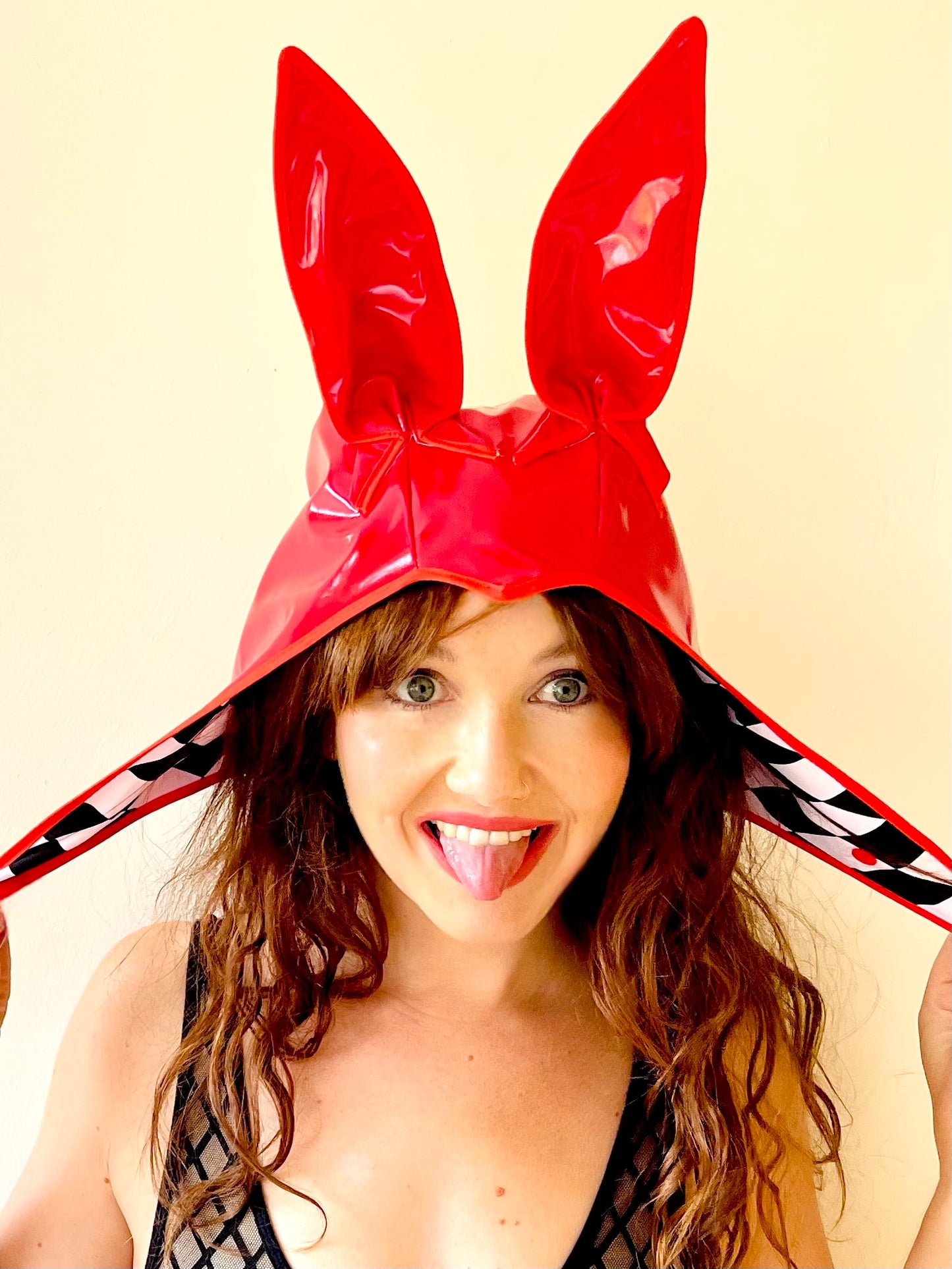 ANIMORPH Bunny Hood: Red/monochrome harlequin lining; waterproof