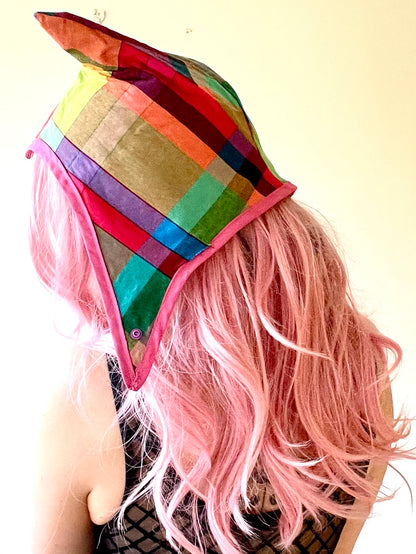 ANIMORPH Hood: Rainbow check/ Magenta vinyl (reversible; waterproof)