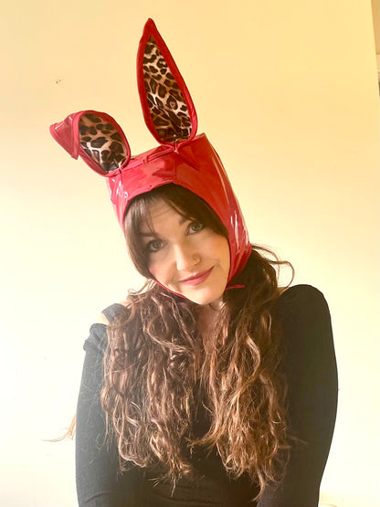 ANIMORPH Bunny Hood: Red/ Leopard print lining; reversible