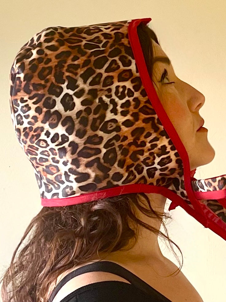 ANIMORPH Bunny Hood: Red/ Leopard print lining; reversible