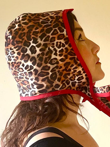 ANIMORPH Bunny Hood: Red/ Leopard print lining; reversible