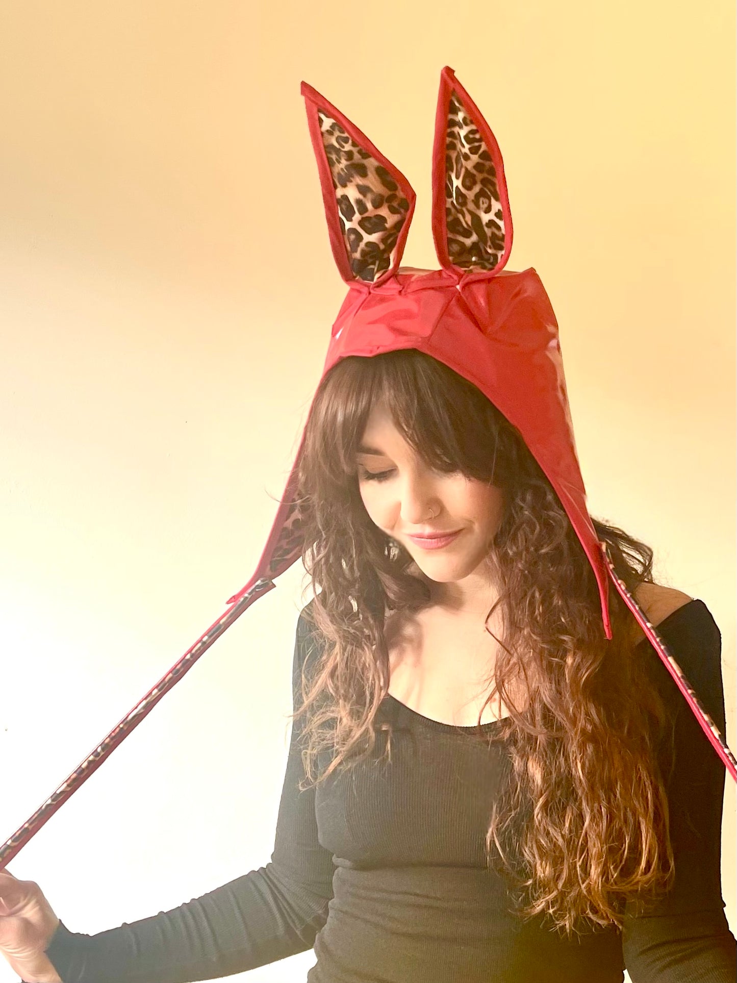 ANIMORPH Bunny Hood: Red/ Leopard print lining; reversible