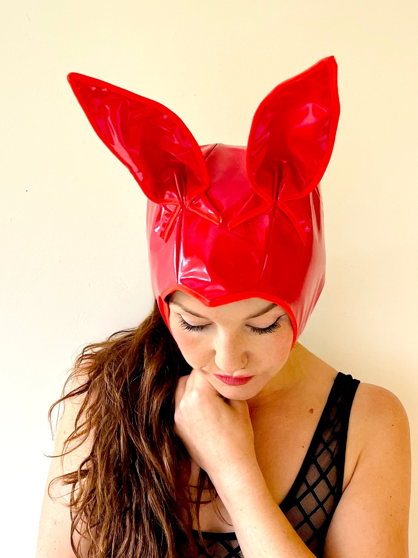 ANIMORPH Bunny Hood: Red/monochrome harlequin lining; waterproof
