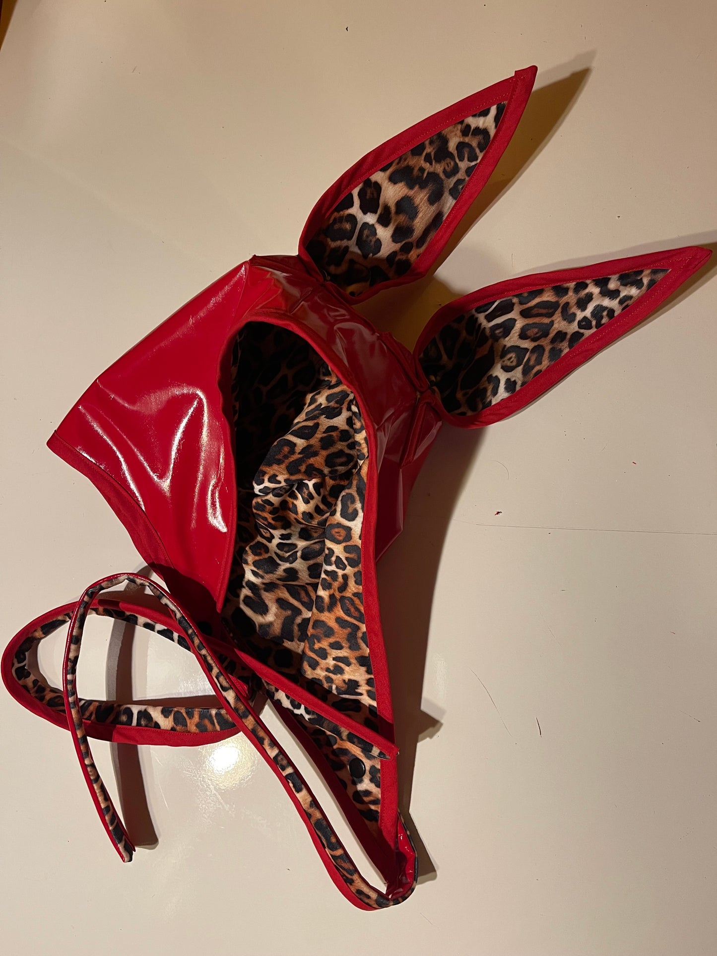 ANIMORPH Bunny Hood: Red/ Leopard print lining; reversible