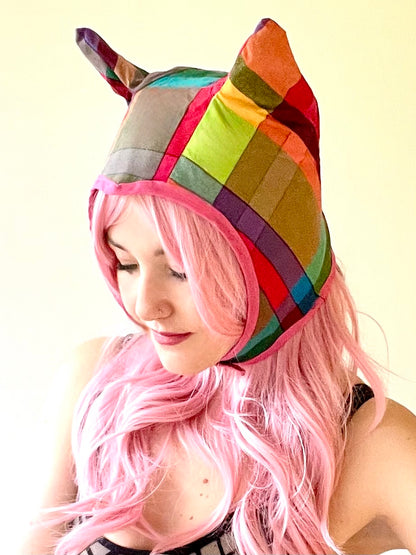 ANIMORPH Hood: Rainbow check/ Magenta vinyl (reversible; waterproof)