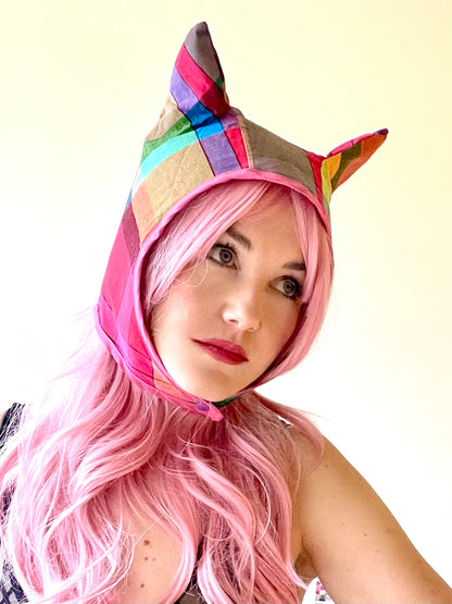 ANIMORPH Hood: Rainbow check/ Magenta vinyl (reversible; waterproof)