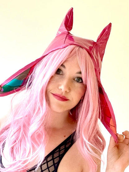 ANIMORPH Hood: Rainbow check/ Magenta vinyl (reversible; waterproof)