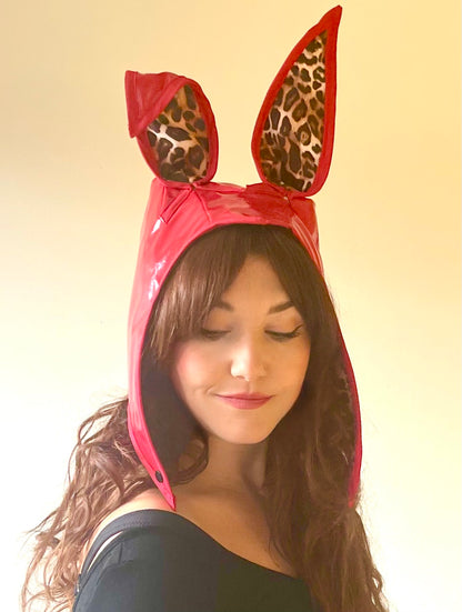 ANIMORPH Bunny Hood: Red/ Leopard print lining; reversible
