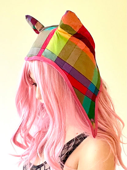 ANIMORPH Hood: Rainbow check/ Magenta vinyl (reversible; waterproof)