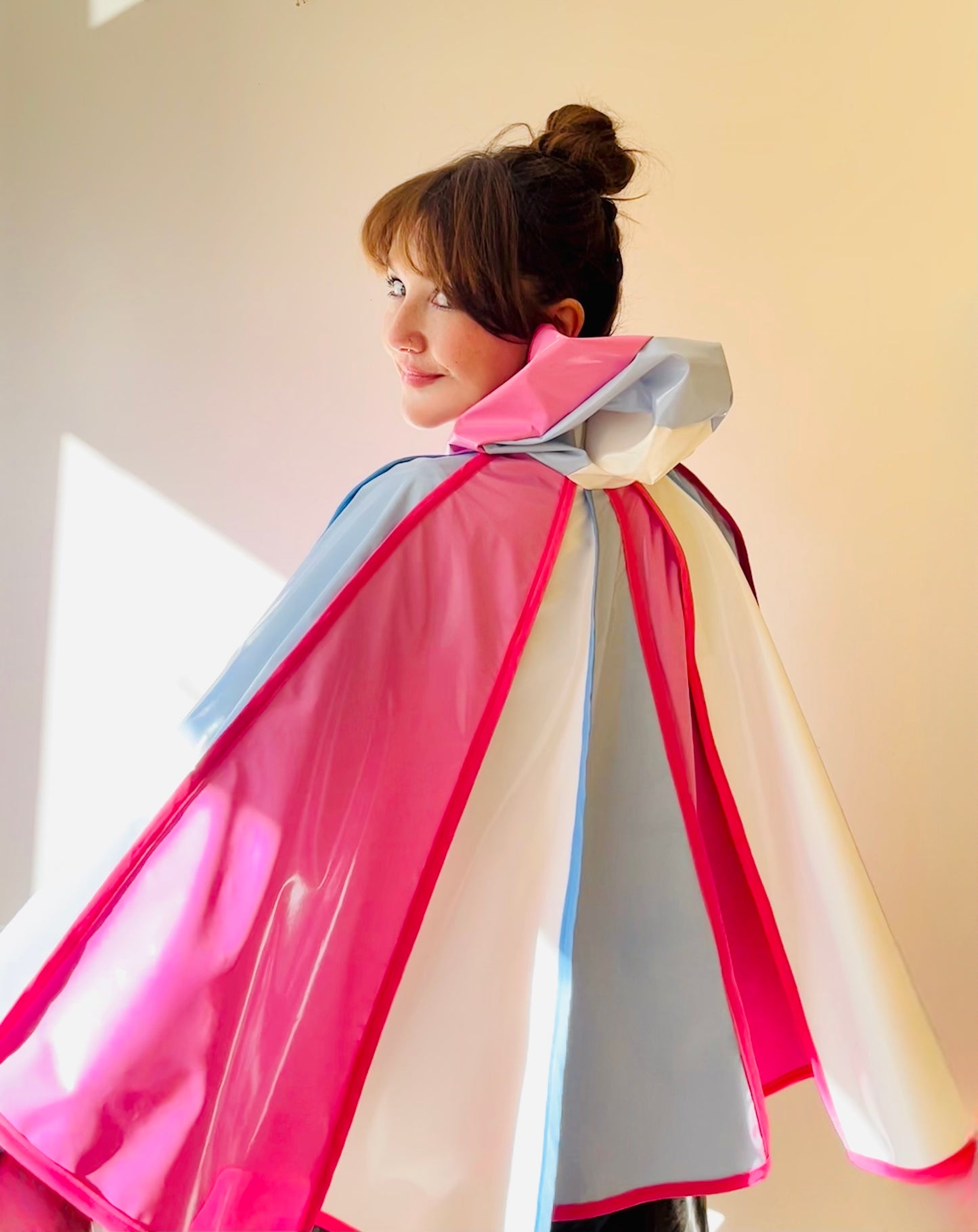 Mid length Blue, pink and white CYCLONE cape