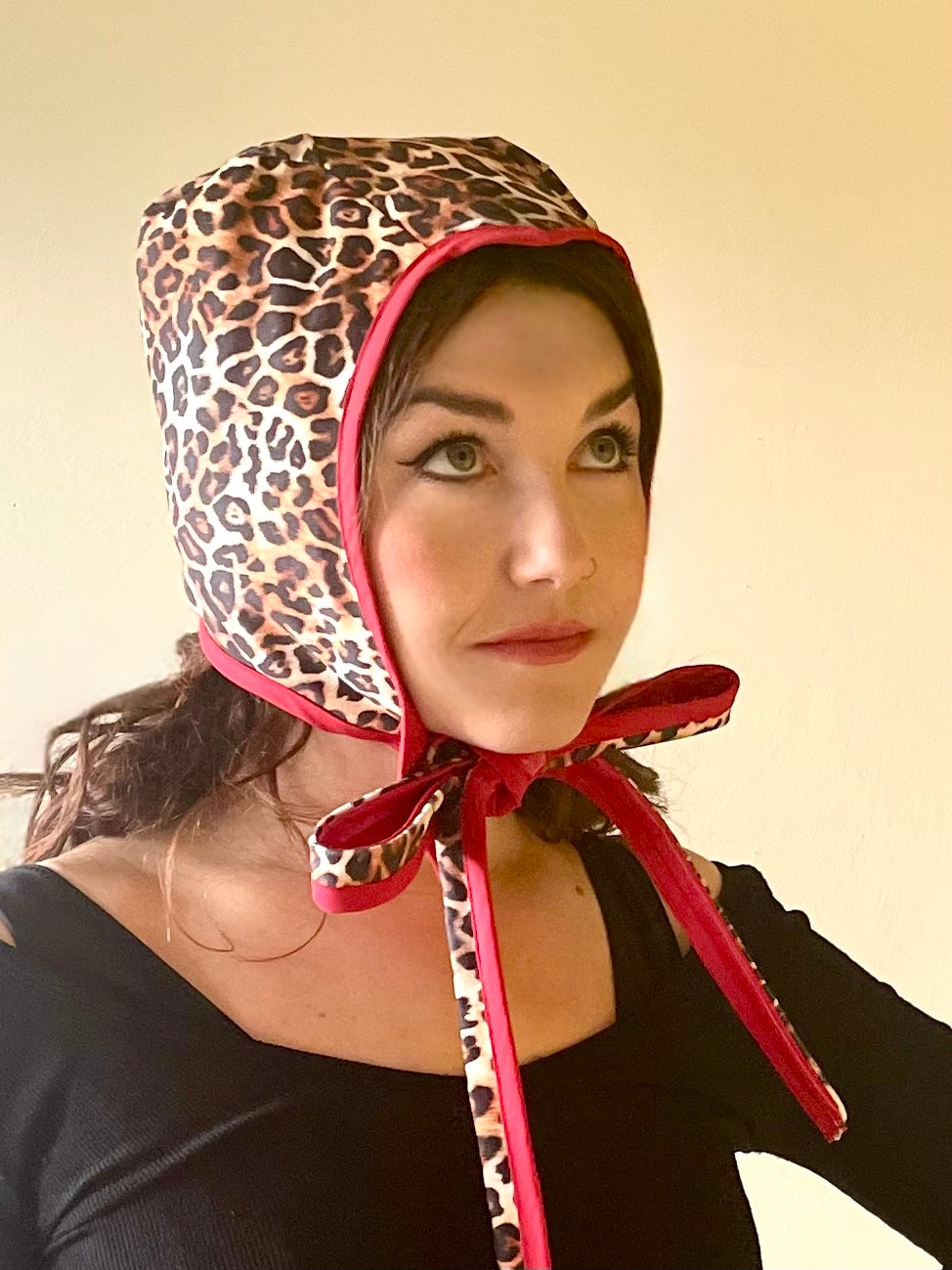 ANIMORPH Bunny Hood: Red/ Leopard print lining; reversible