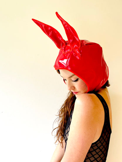 ANIMORPH Bunny Hood: Red/monochrome harlequin lining; waterproof