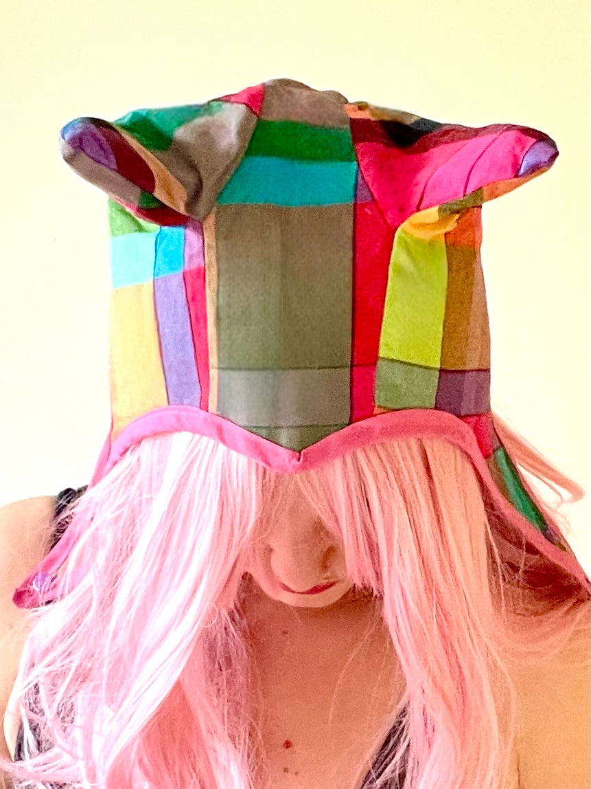 ANIMORPH Hood: Rainbow check/ Magenta vinyl (reversible; waterproof)