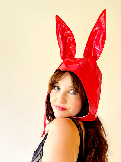 ANIMORPH Bunny Hood: Red/monochrome harlequin lining; waterproof
