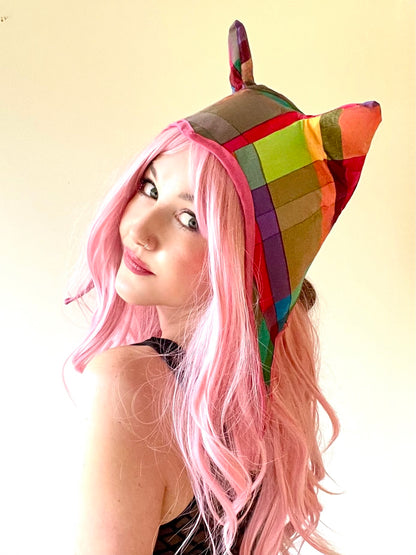 ANIMORPH Hood: Rainbow check/ Magenta vinyl (reversible; waterproof)