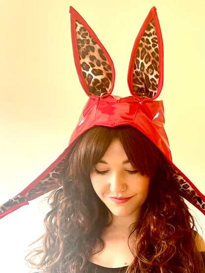 ANIMORPH Bunny Hood: Red/ Leopard print lining; reversible