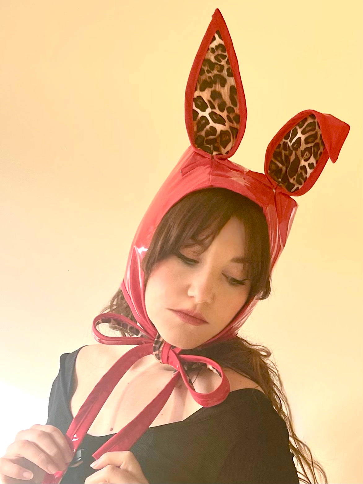 ANIMORPH Bunny Hood: Red/ Leopard print lining; reversible