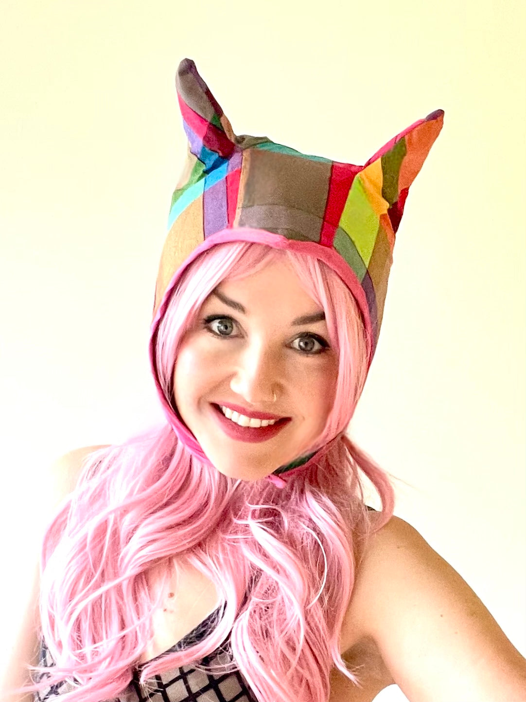 ANIMORPH Hood: Rainbow check/ Magenta vinyl (reversible; waterproof)