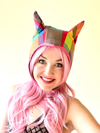 ANIMORPH Hood: Rainbow check/ Magenta vinyl (reversible; waterproof)