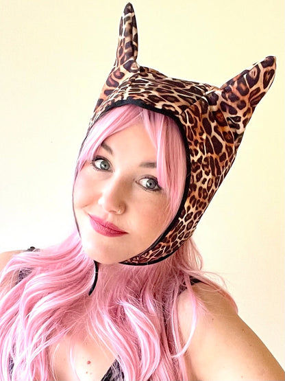 ANIMORPH Hood: Black / Leopard print velvet (reversible; waterproof)