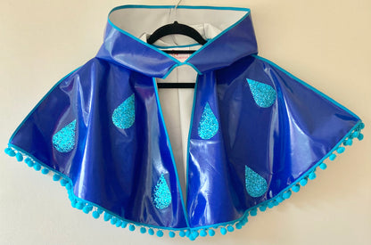 CYCLONE Blue cape, blue glitter raindrops & pompom trim