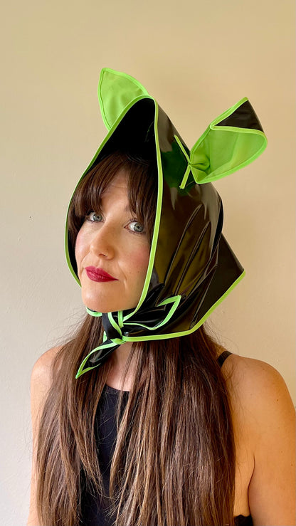 HEY BUNNY! Rain-ready Hoodlet: Black & neon green